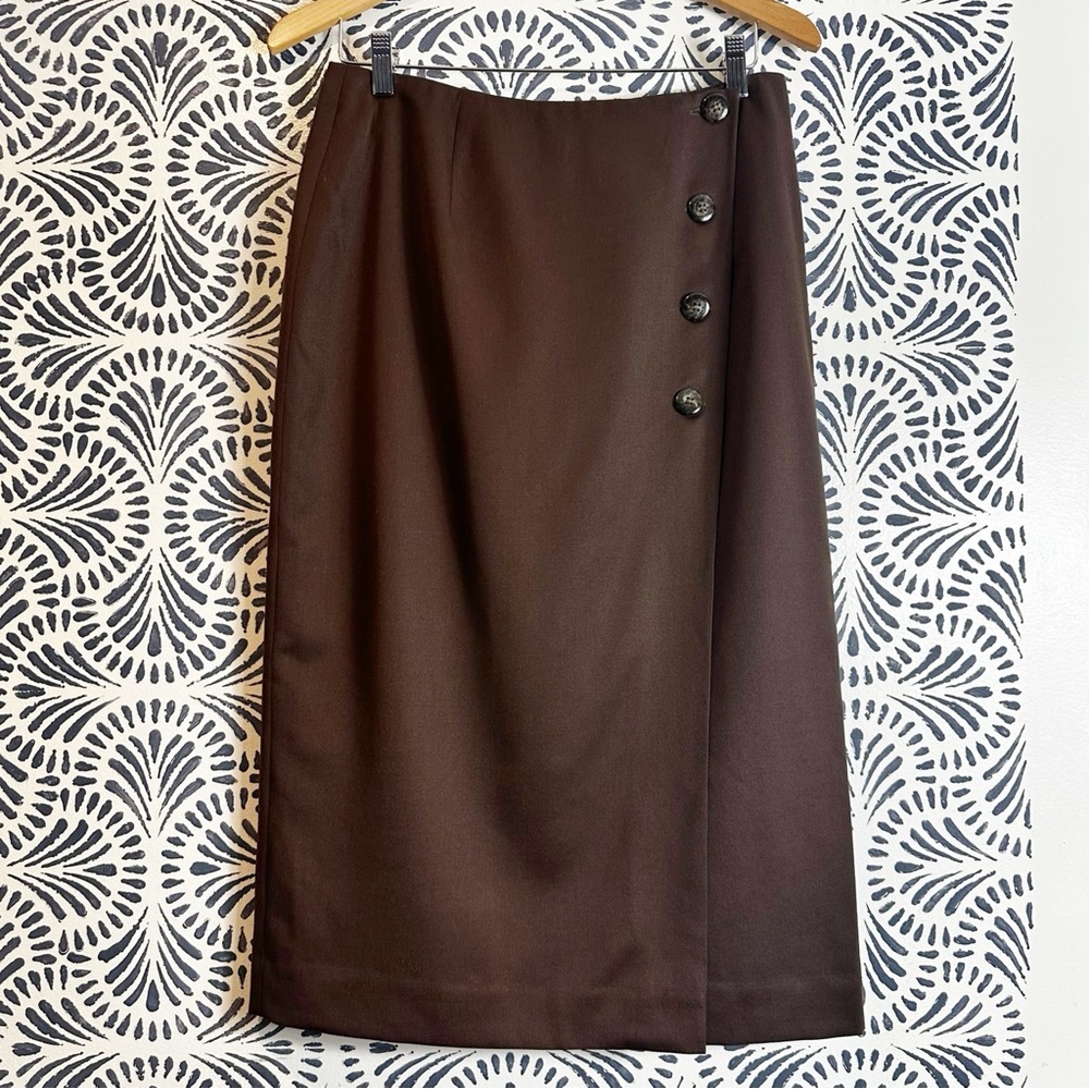 Vintage Lord & Taylor Rich Brown Wool Button Front Midi Skirt